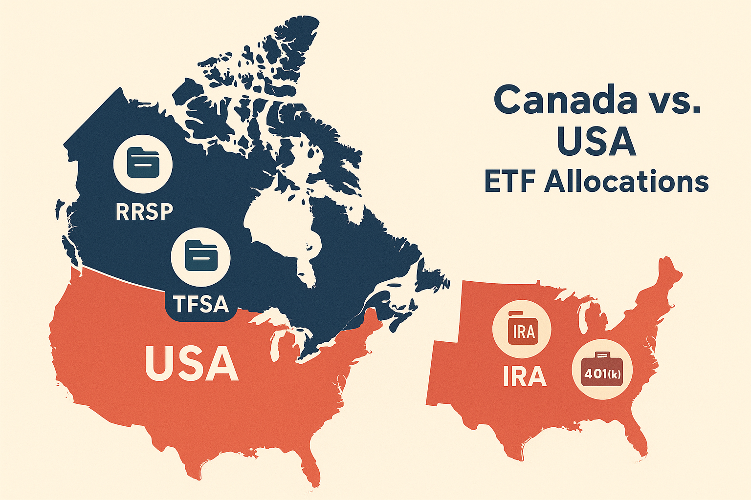 Canada vs. USA ETF Allocations Map illustrating recommended ETF account placement for Canadian and U.S. investors