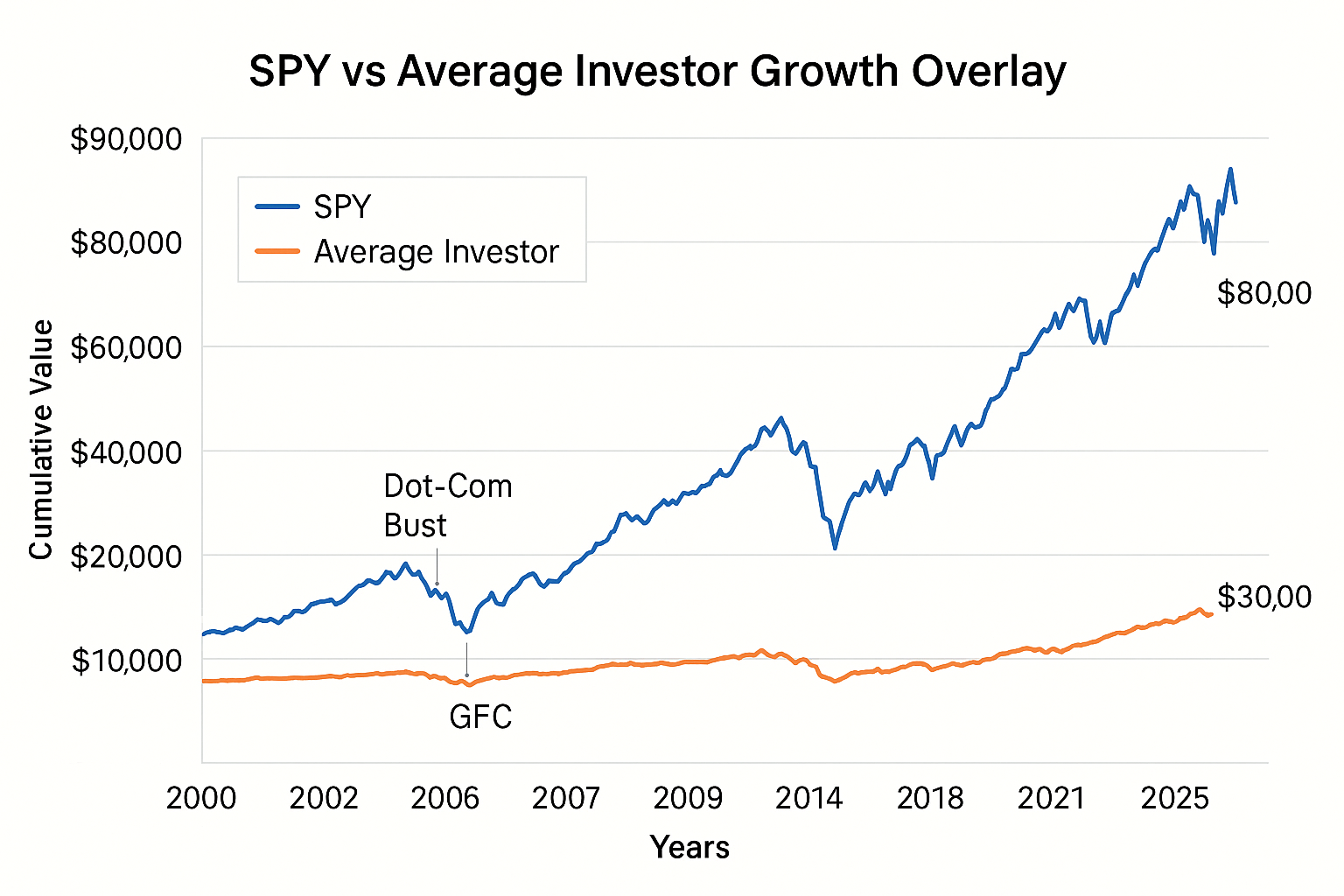 SPY vs Average Investor Growth Overlay Overlay chart: SPY vs Average Investor Growth