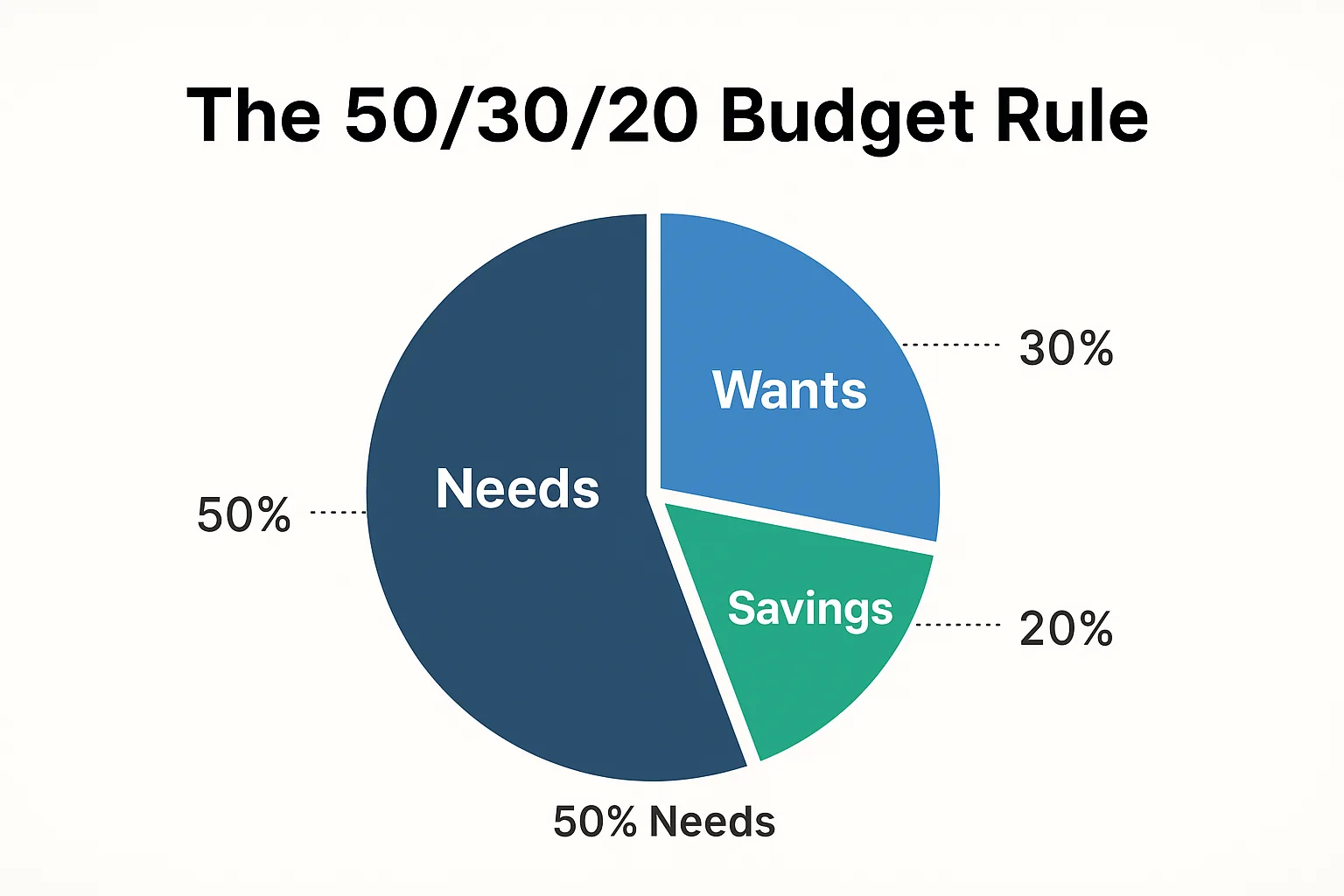 50/30/20 budget rule chart showing needs wants savings and debt categories
