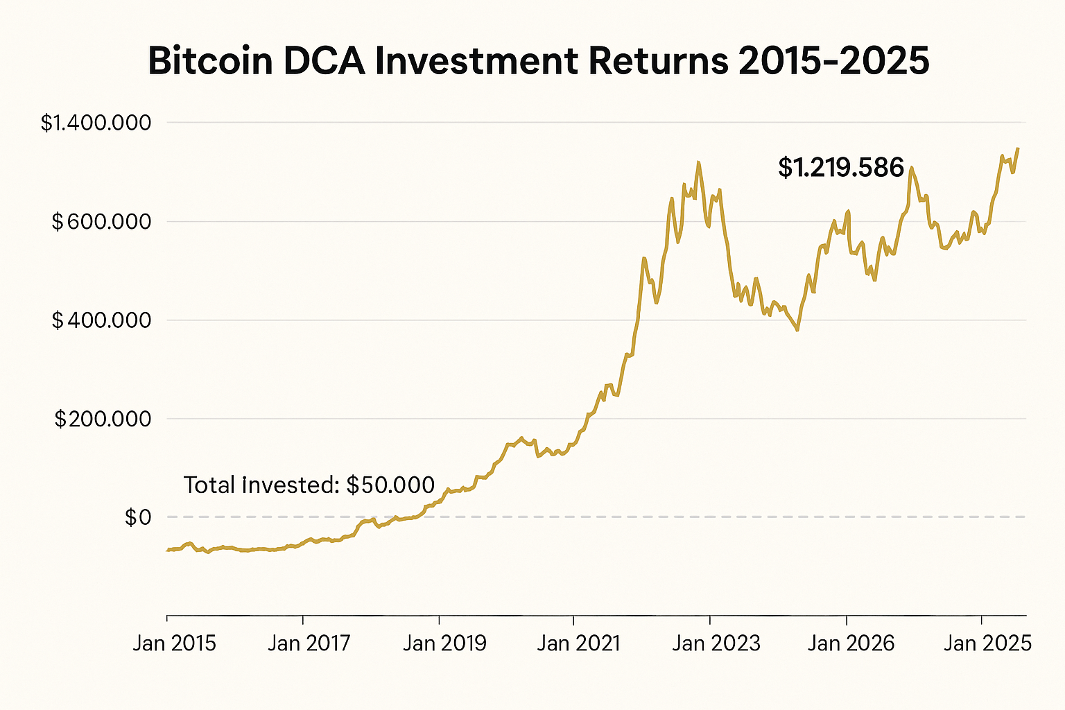 Bitcoin DCA investment returns chart 2015–2025