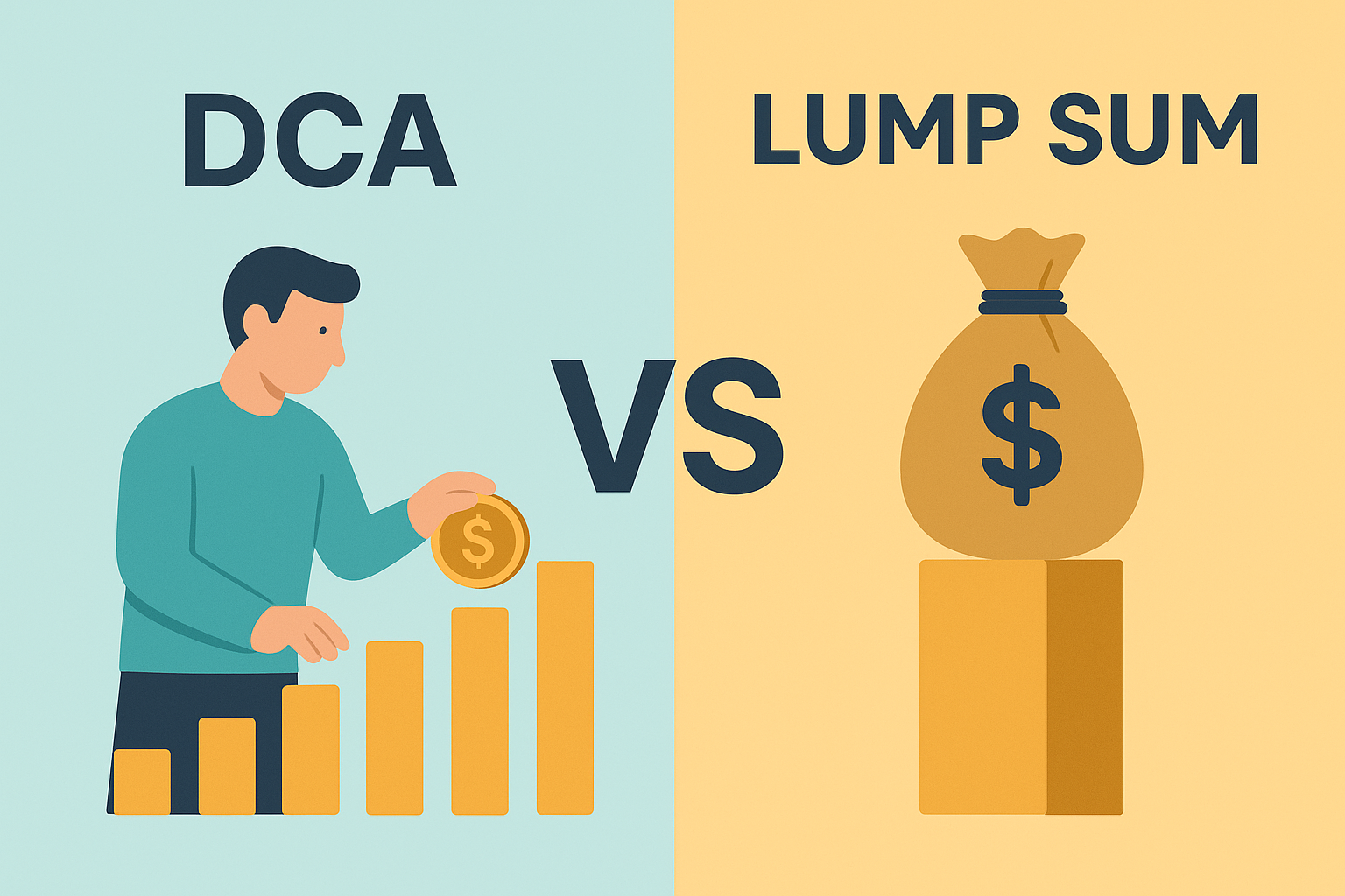 DCA vs Lump Sum comparison hero image showing gradual investing vs one-time investment