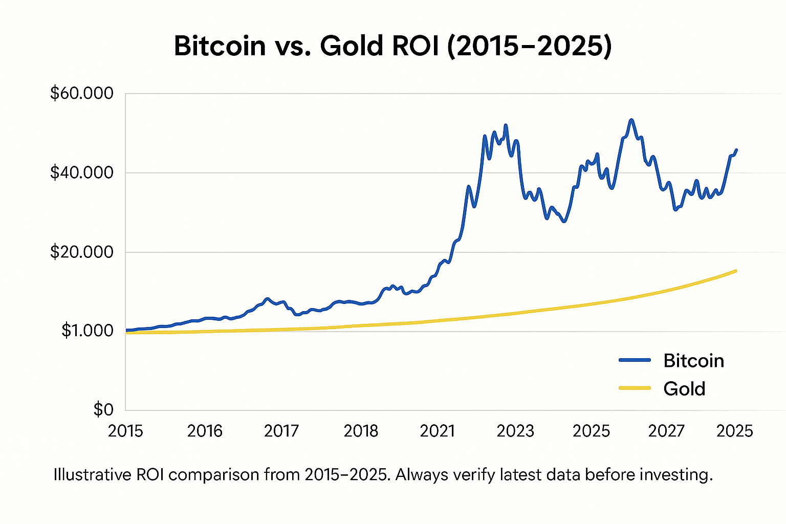 Bitcoin vs Gold ROI comparison chart 2015–2025