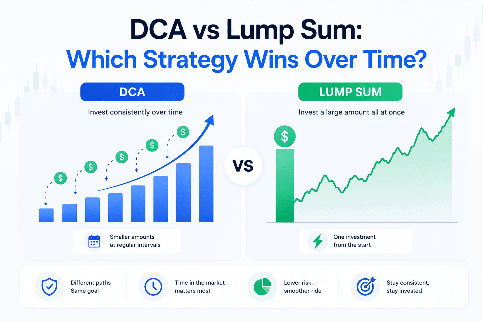 DCA vs lump sum investment strategy comparison showing recurring monthly contributions versus one upfront investment over time