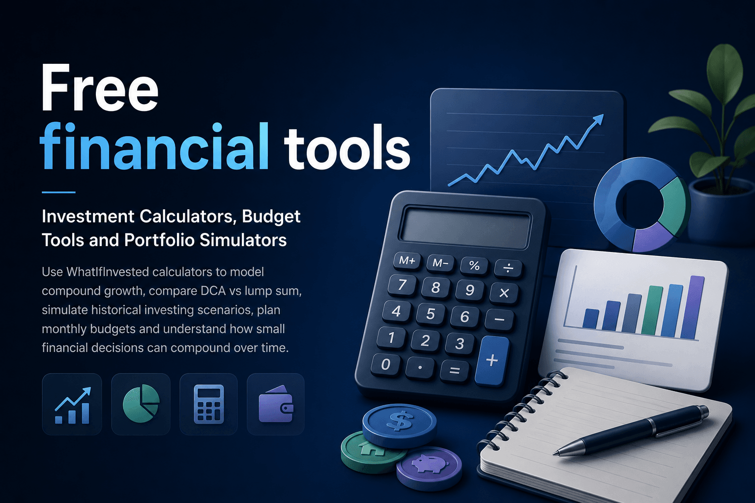 Investment calculators dashboard showing budget tools, DCA calculator, compound interest calculator and investment simulator