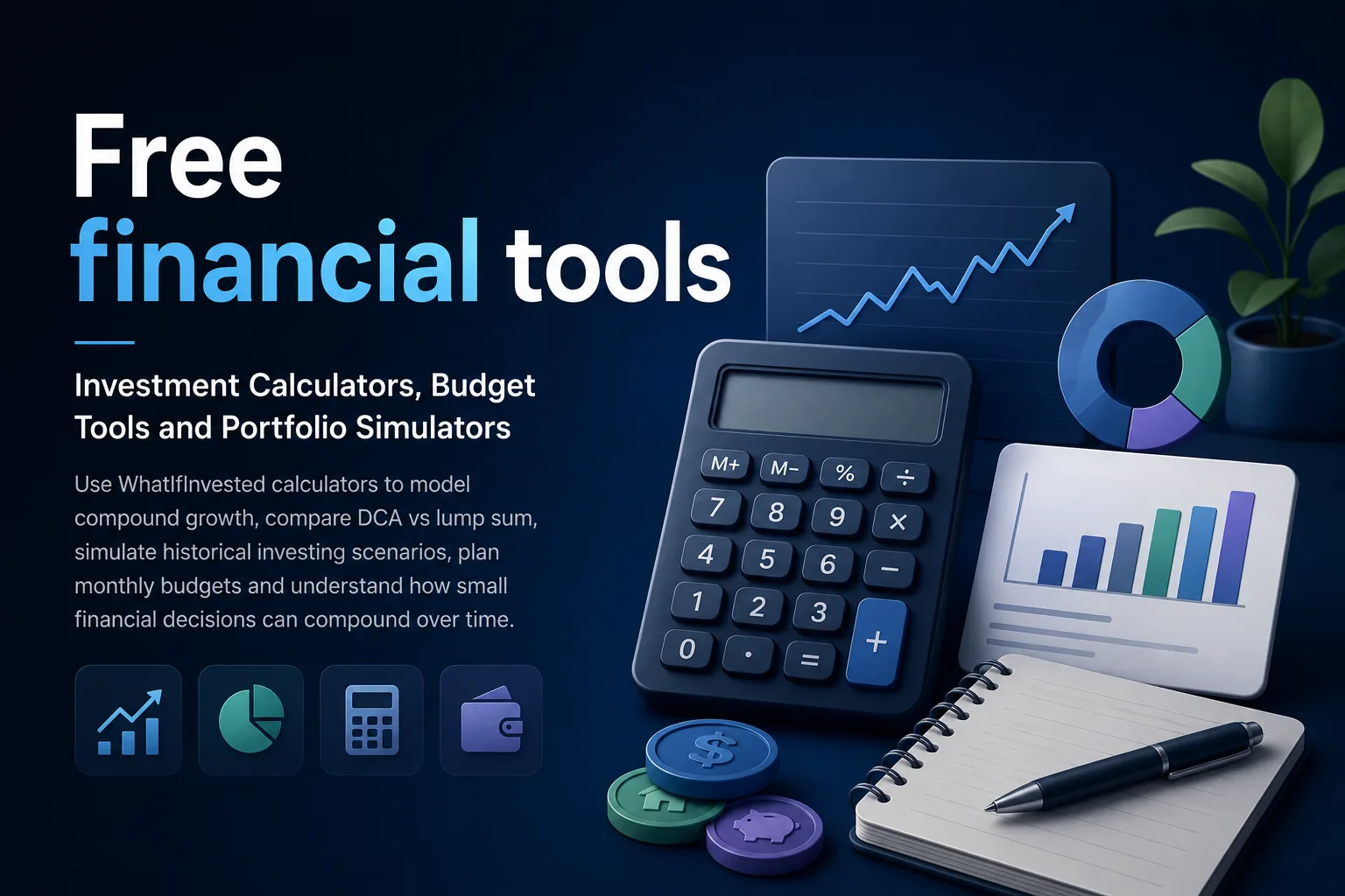 Investment calculators dashboard showing budget tools, DCA calculator, compound interest calculator and investment simulator