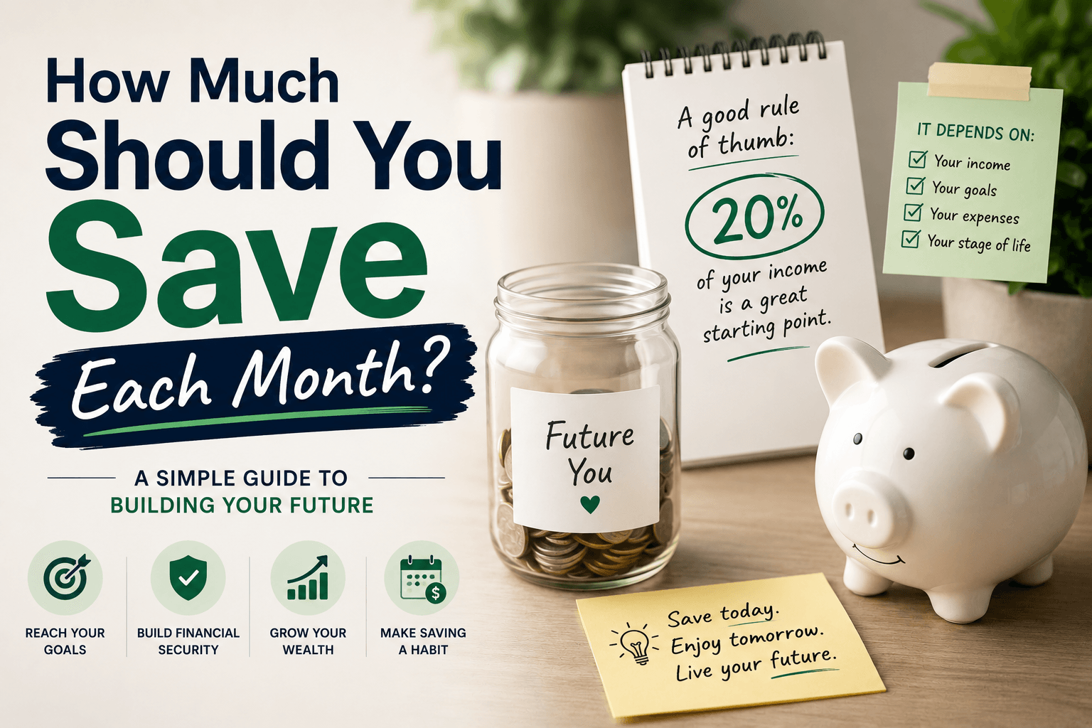 How much to save monthly guide showing savings targets, budget categories, and monthly cash flow
