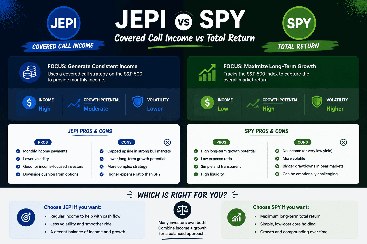 JEPI vs SPY comparison showing covered call income versus S&P 500 total return