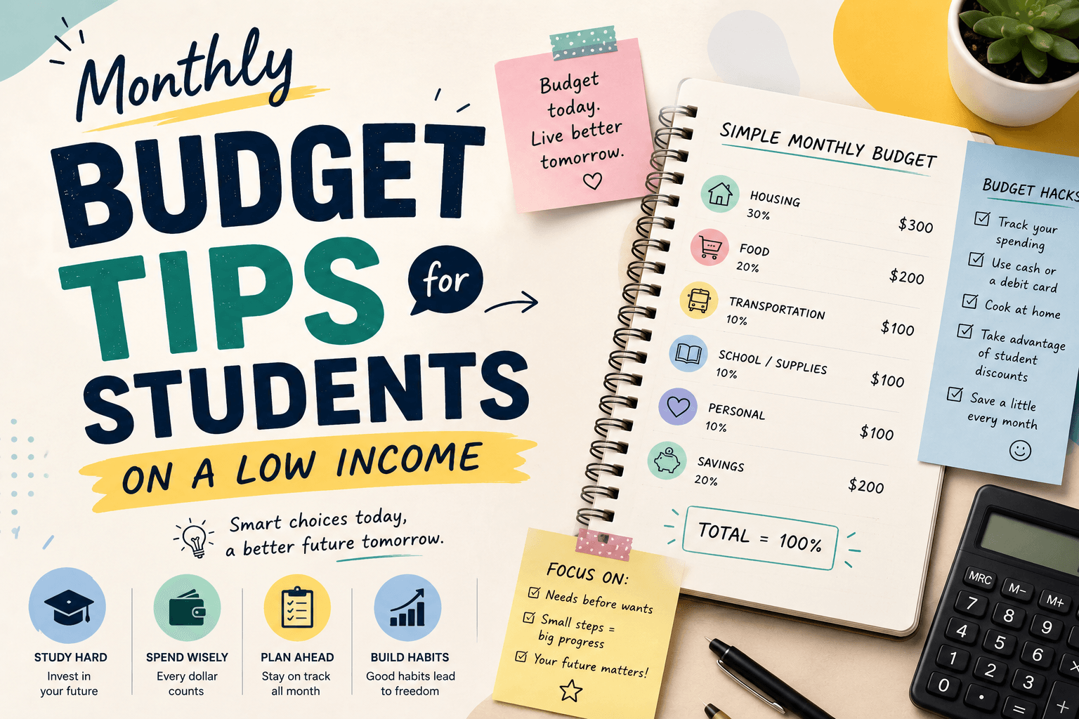 Student monthly budget planner with low-income budget categories and savings plan