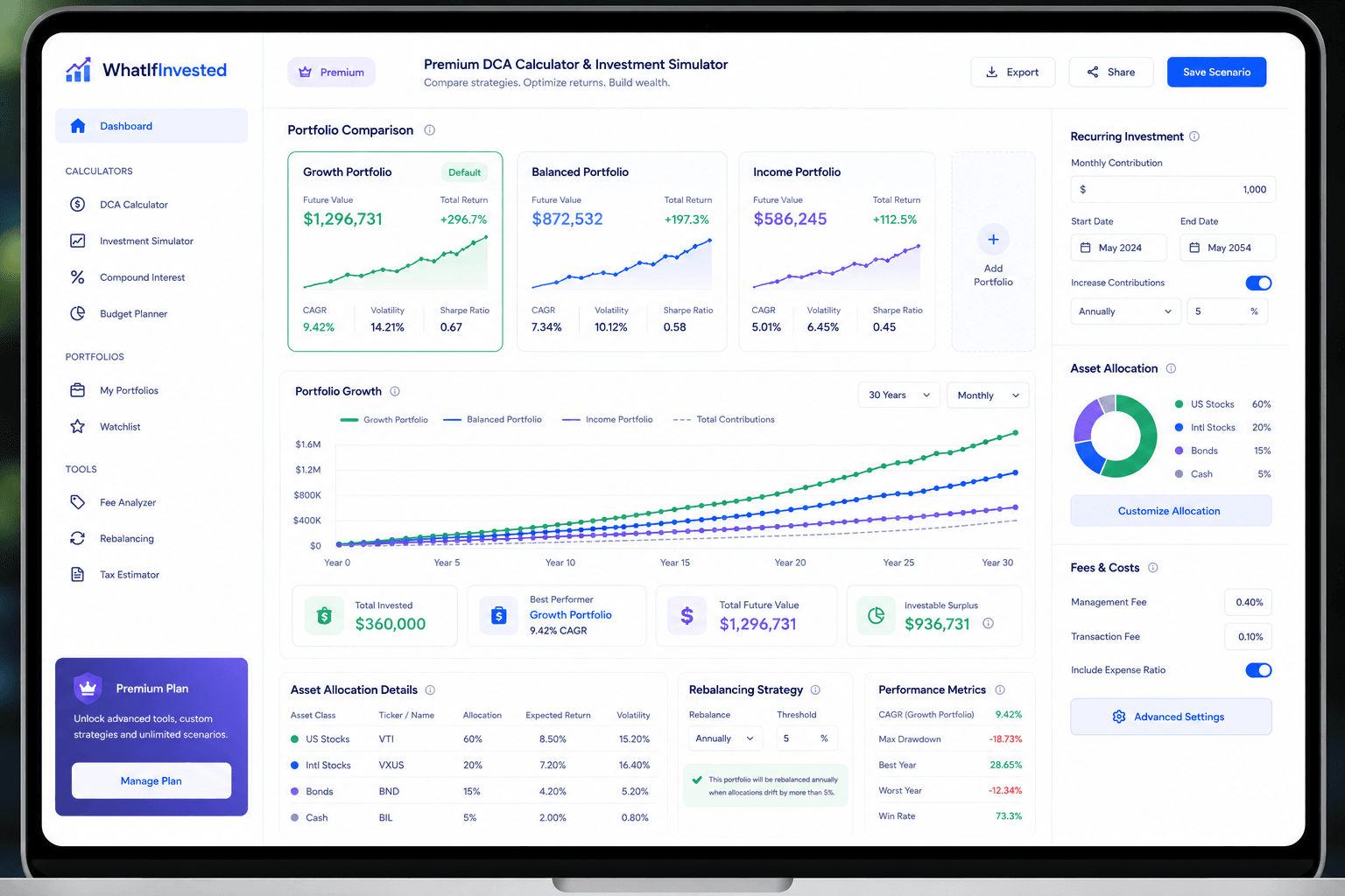 Premium DCA calculator advanced investment simulator dashboard with portfolio comparisons, custom weights, fees and performance charts