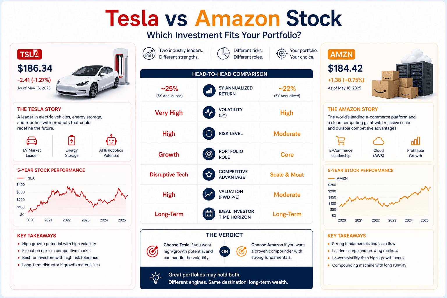 Tesla vs Amazon stock investment comparison dashboard showing return volatility risk and portfolio role