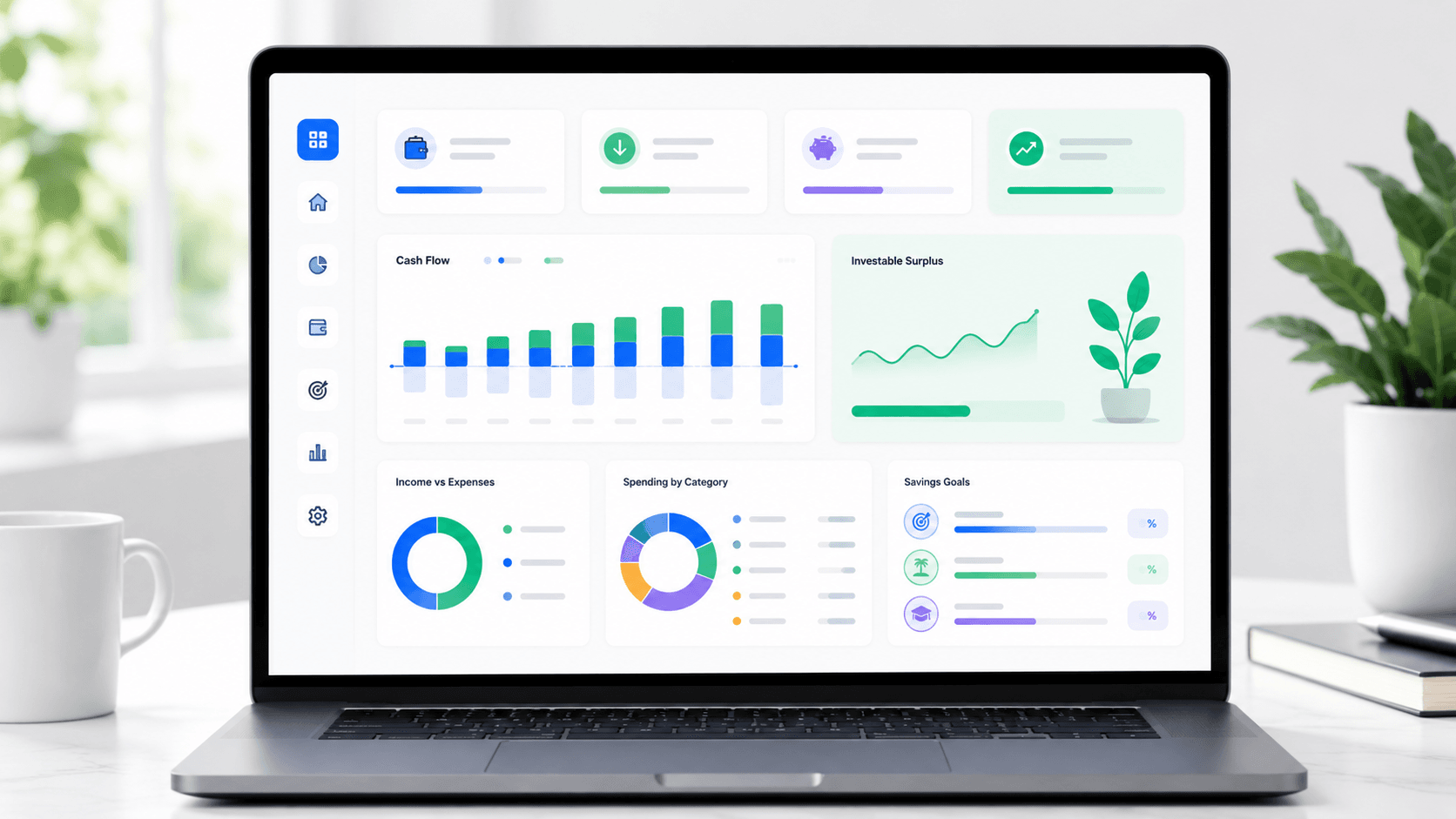 Free budget planner dashboard showing monthly income expenses savings and investable surplus in WhatIfBudget
