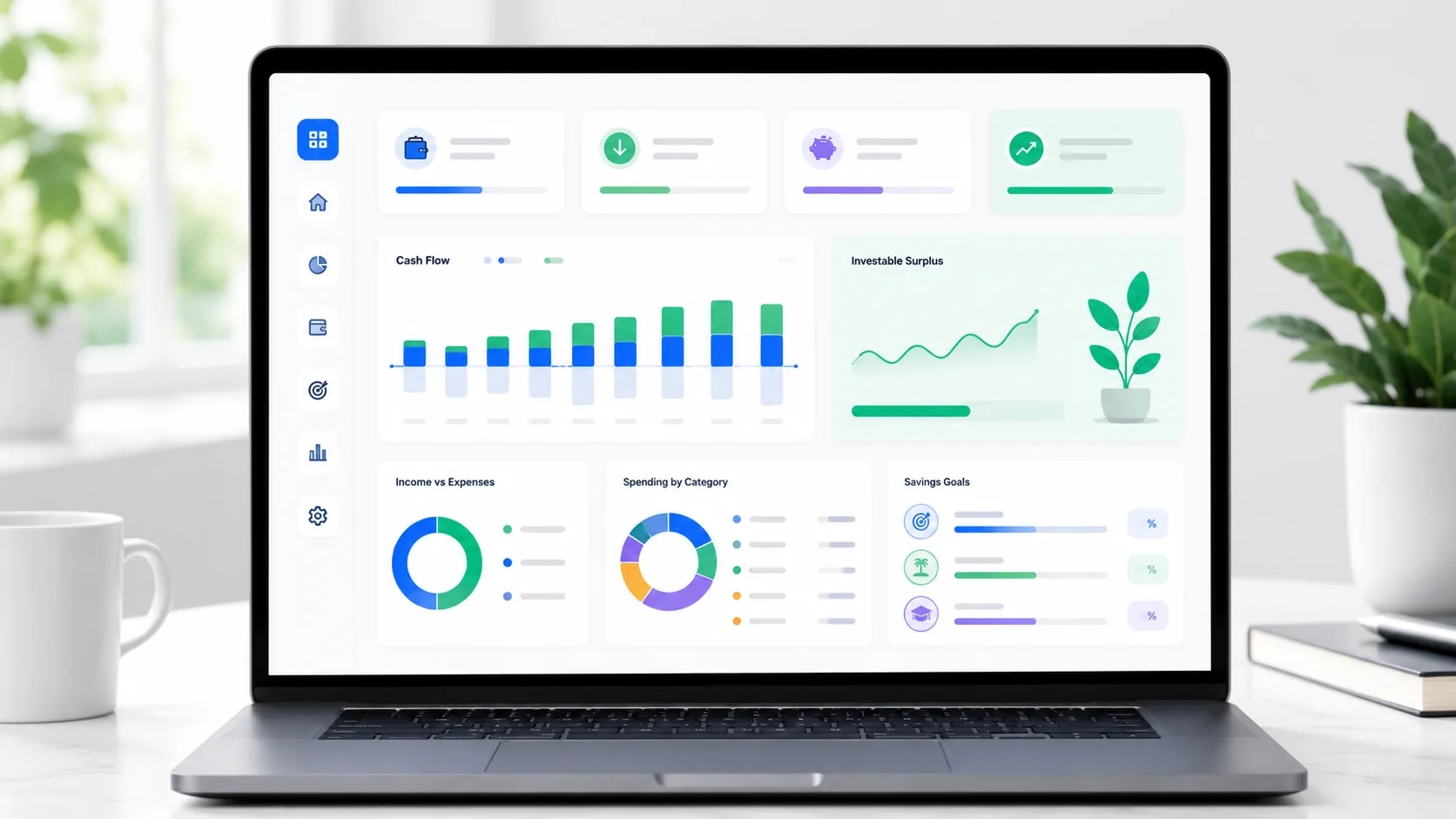 Free budget planner dashboard showing monthly income expenses savings and investable surplus in WhatIfBudget